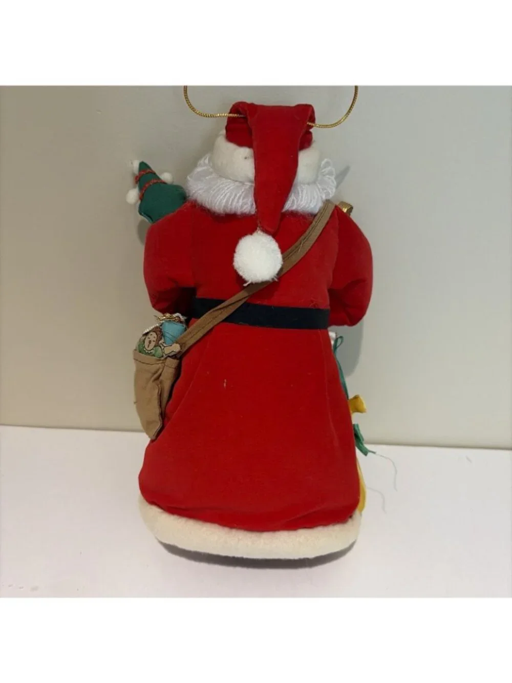 International Christmas Santa Claus Figure Holding Toys Painted Face Hanging 90s
